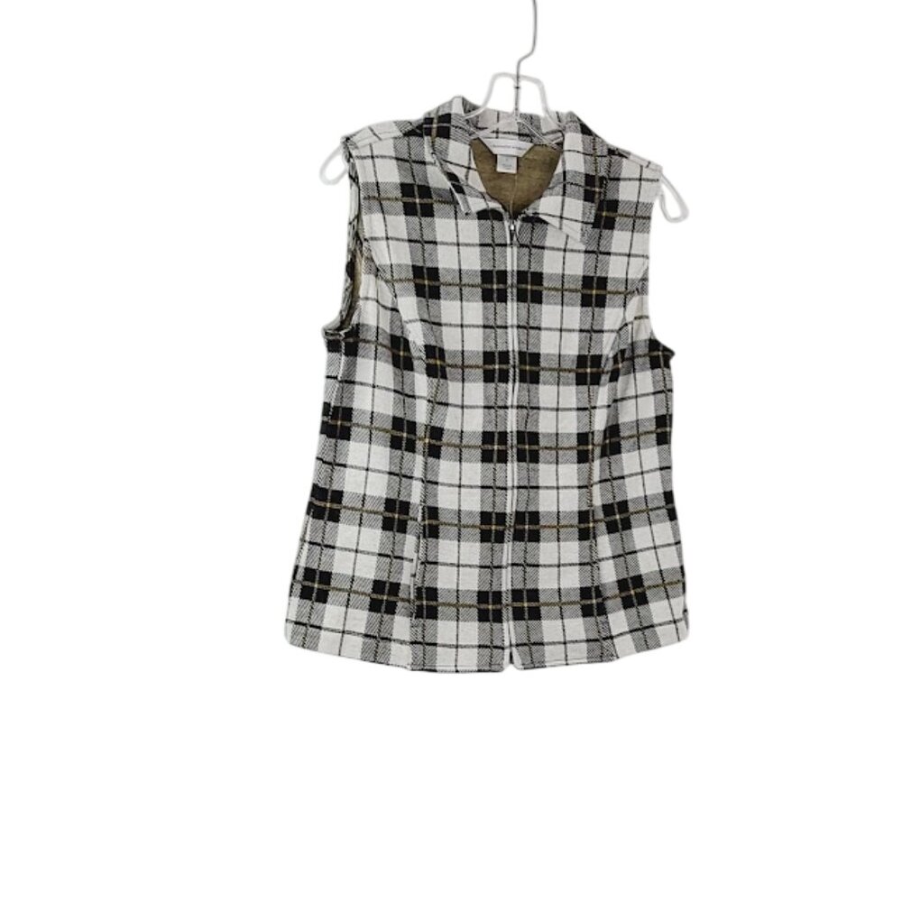 Christopher & Banks Women's Black White Plaid Cottage Grandma Zippered Vest Sz S